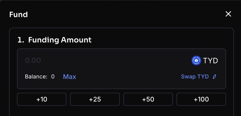 Funding amount field with TYD balance and quick-add buttons