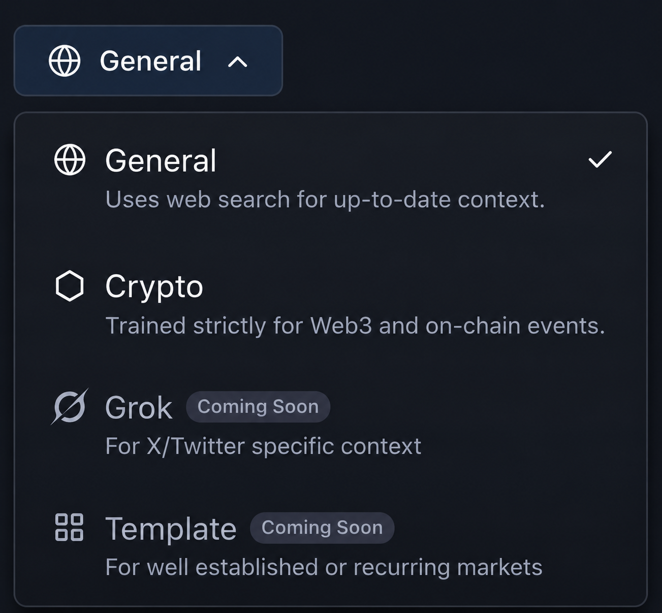 Model selection dropdown showing General, Crypto, Grok, and Template options