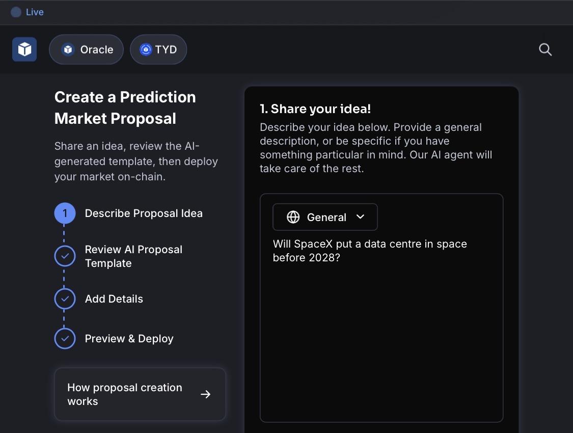 Create a Prediction Market Proposal screen with an idea prompt box